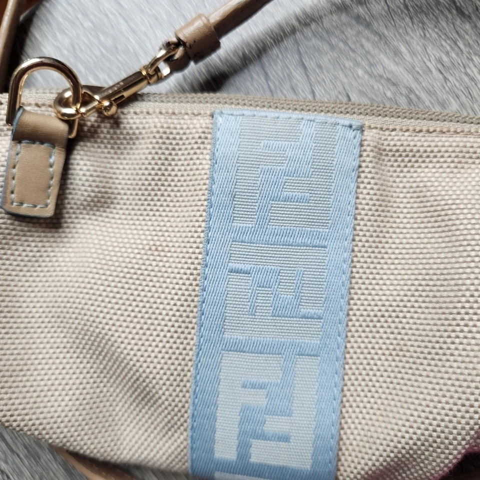 Authentic Vintage FENDI Canvas Pouch Clutch Crossbody Mini Blue Gold Leather - Image 4 of 4