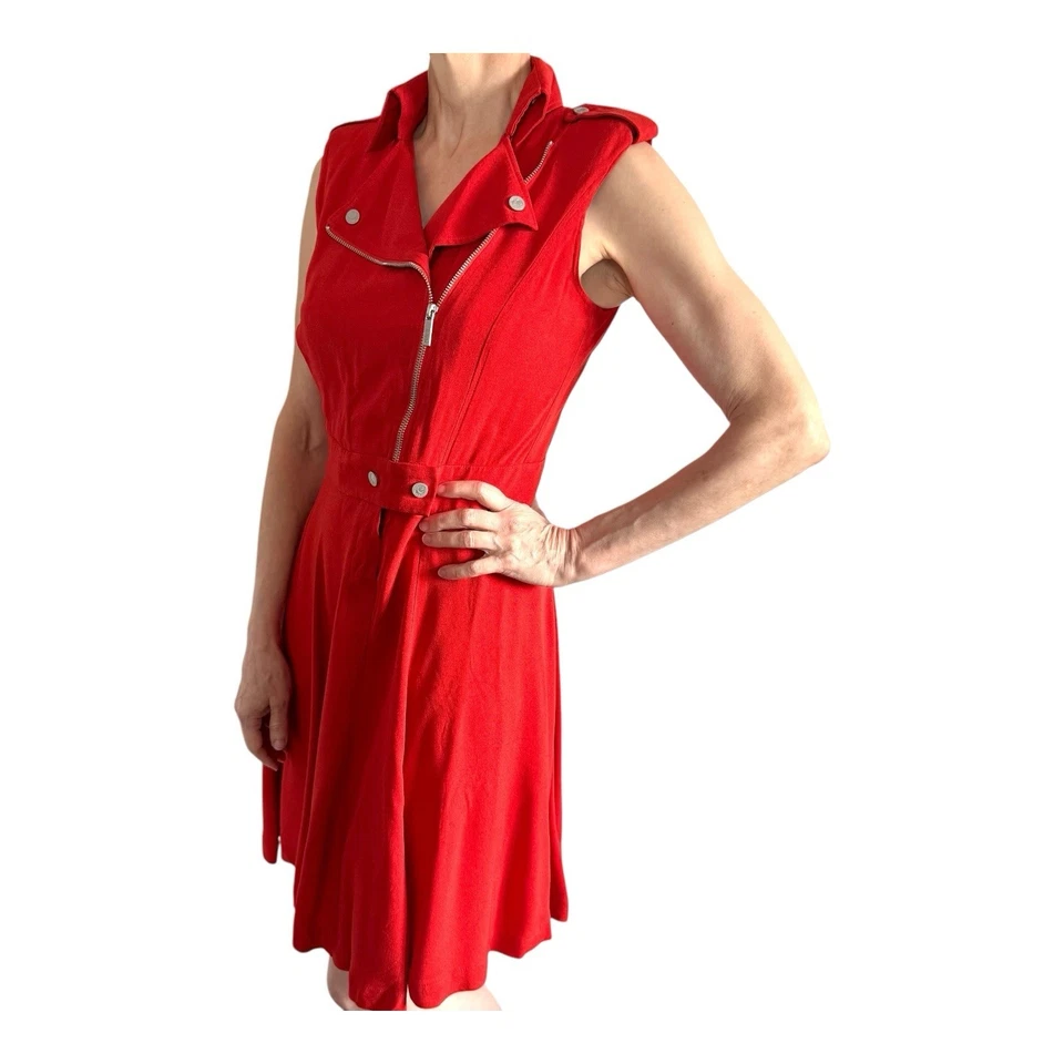 Karl Lagerfield Size FR 34 IT 38 XS Orange Red Crepe Sleeveless Moto Style Dress - image 3 of 4