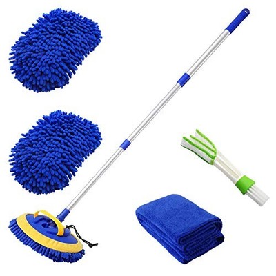 2 in 1 Microfiber Car Wash Mop Mitt with 45'' Aluminum Alloy Long Blue