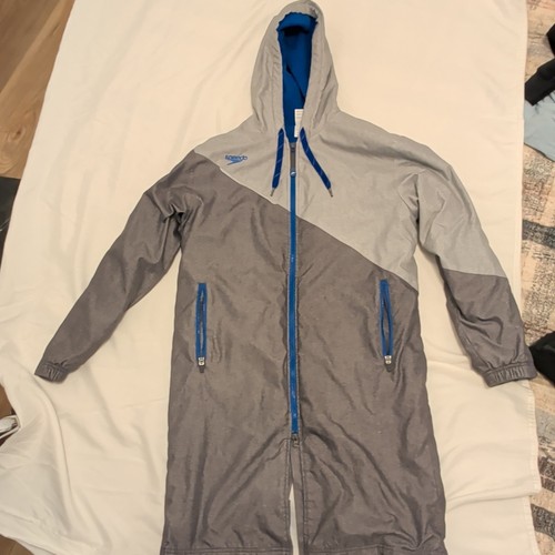 Speedo Hooded Full-Zip Swim Parka Robe Fleece Lined Gray/Blue KS/TP/TECH