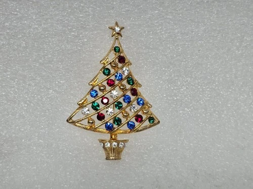 Eisenberg Ice Rhinestone Christmas Tree Brooch Gold Tone Signed Vintage