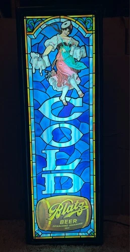 VINTAGE BLATZ BEER COLD LIGHTED SIGN-BAR-LAGER-VALERIE-STAINED GLASS LOOK-NICE