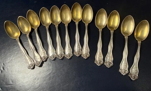 12 Winchester International Sterling Silver Demitasse Spoons Gold Washed 3.65oz.
