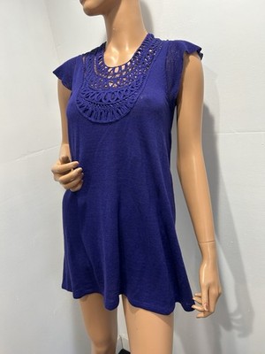 bcbg max azria top xs Indigo Purple Short Sleeve Lace In The Neck Line Long Top