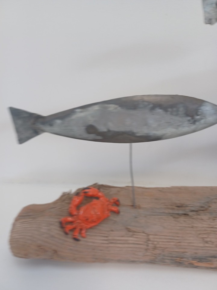 Handmade Metal Fish Driftwood Sculpture Nautical Coastal Home Decor Art ...