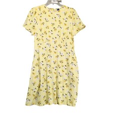 Old Navy Yellow Floral Rayon Dress Sz L Knee Length Pockets Elastic Back Waist