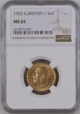 NGC MS 65 1925 G. Britain George V Full Sovereign 0.9170 Fineness Gold 7.9881g