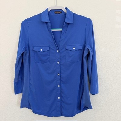 J. McLaughlin Brynn Lyford Jersey Shirt Blue Open Collar Button Up Women's Large