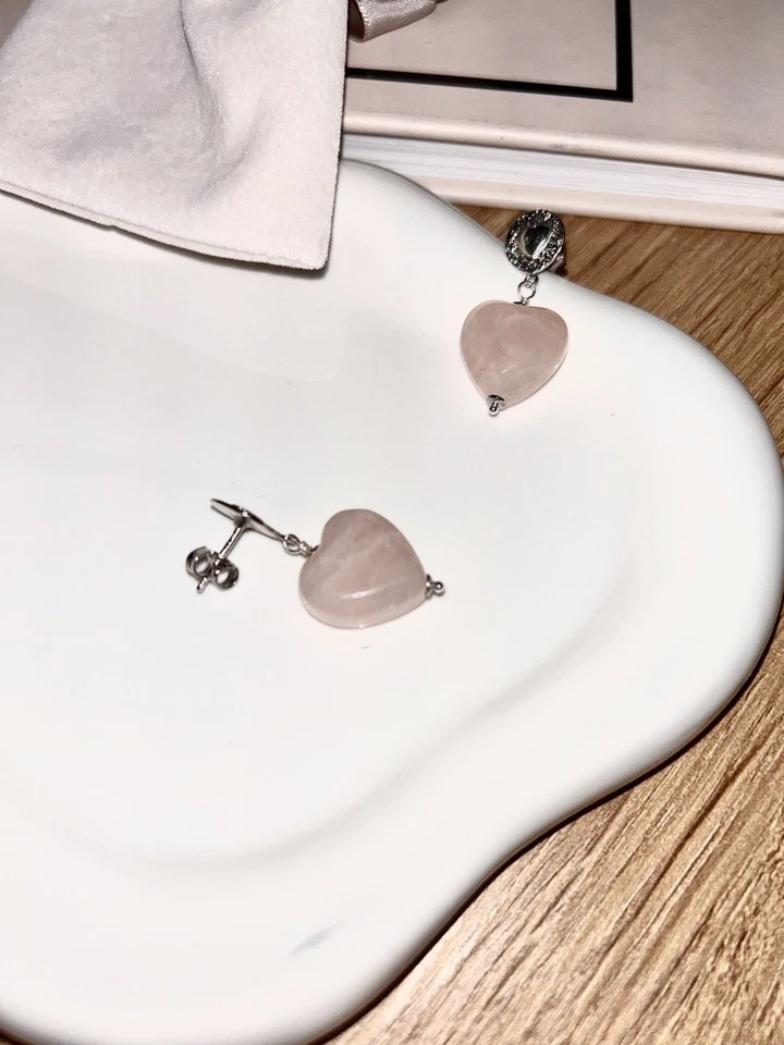 Orecchini Artigianali Argento 925 Quarzo Rosa A Cuore - Immagine 3 di 3