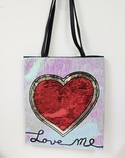 NEW FANCY RAINBOW / PRISM,WHITE,RED HEART,"LOVE ME" SEQUIN TOTE,HANDBAG+DUST BAG