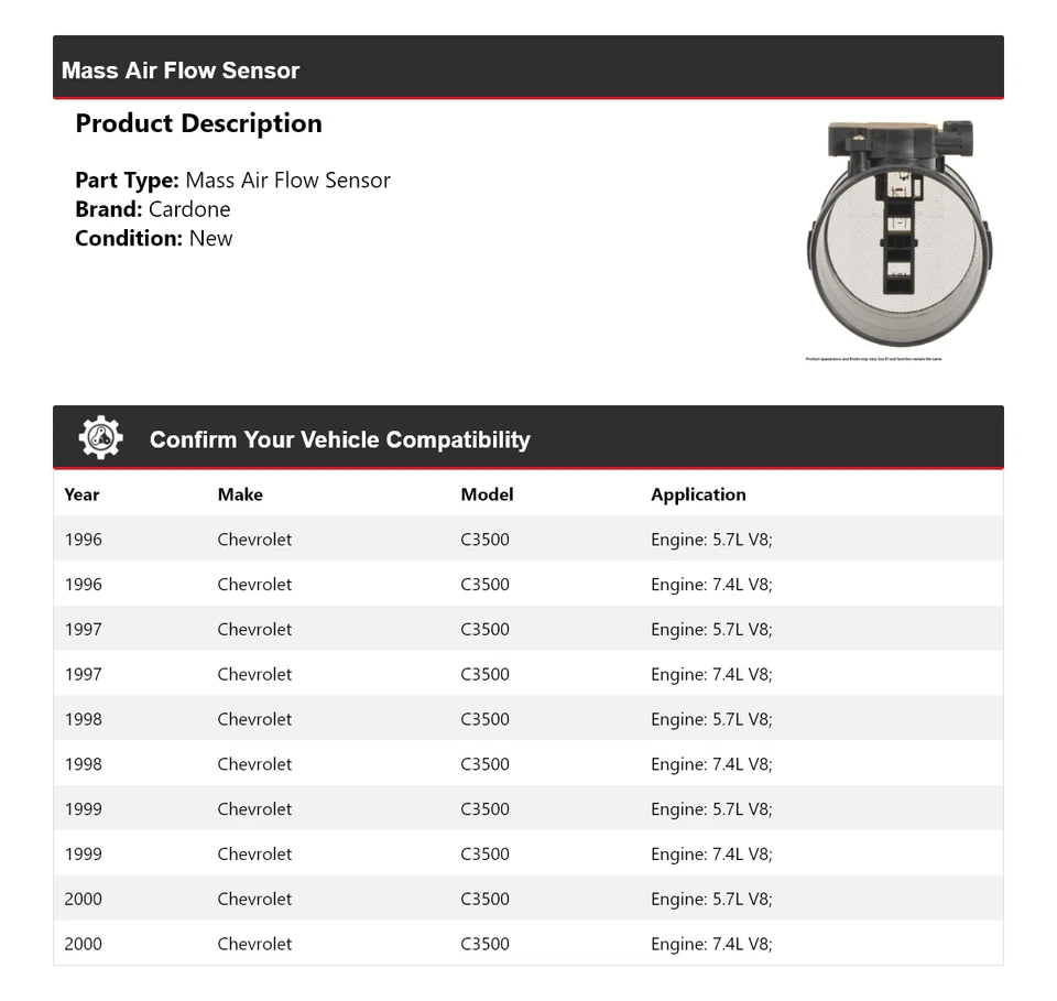 For 1996-2000 Chevrolet C3500 Mass Air Flow Sensor Cardone 1997 1998 1999 - Image 2 of 4
