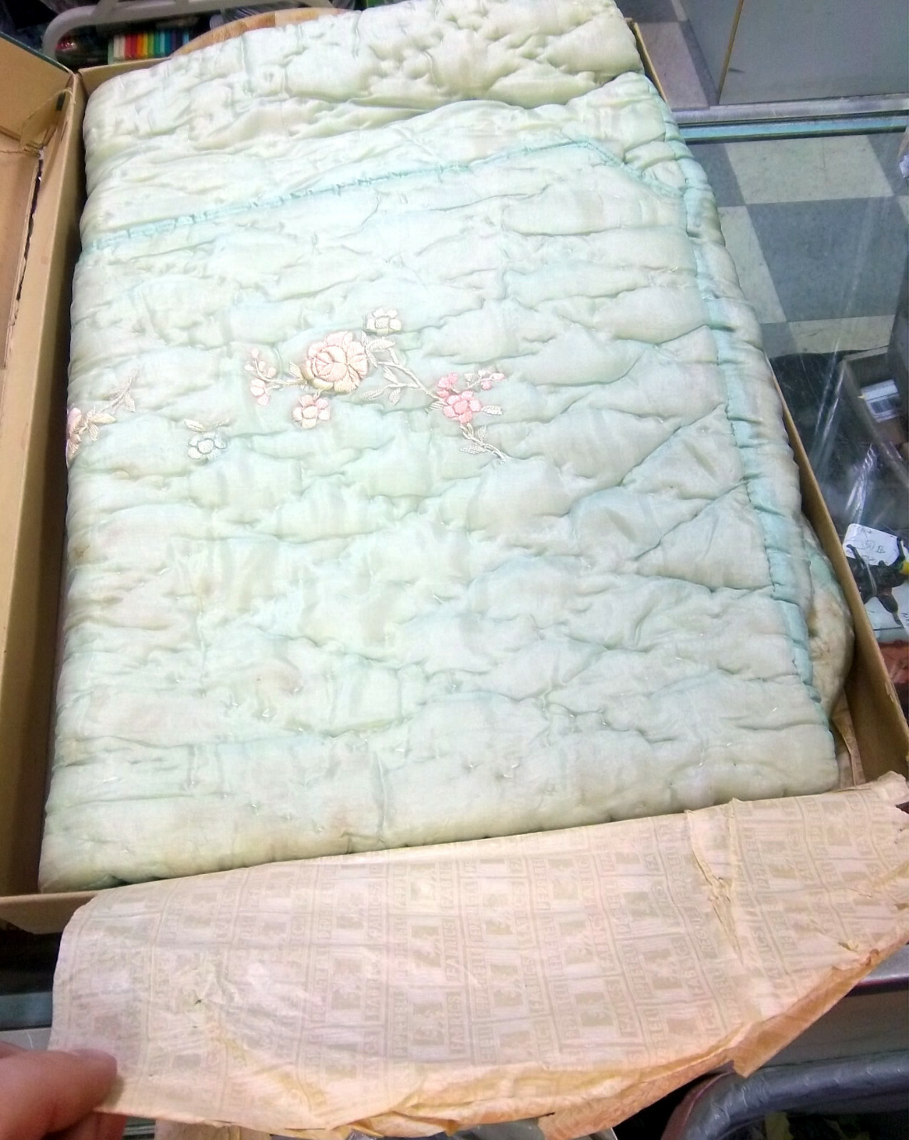 vintage baby Pepperell Crib Blanket in original box, some water