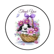 48 THANK YOU PUPPY FLOWERS ENVELOPE SEALS LABELS STICKERS 1.2" ROUND