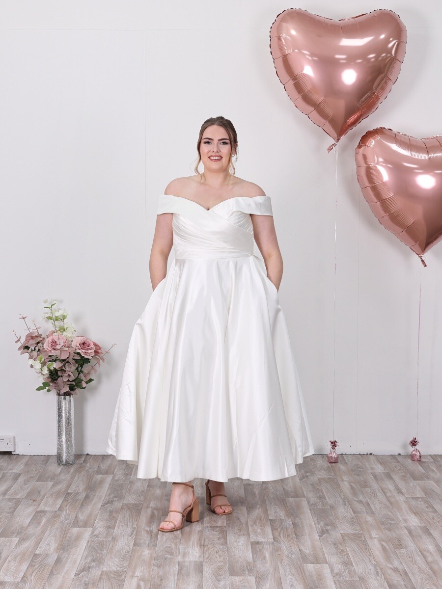 Island Bridal Ivory Satin Off Shoulder Tea Length Wedding Dress