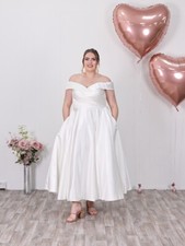 Island Bridal Ivory Satin Off Shoulder Tea Length Wedding Dress Gown Size 20 22