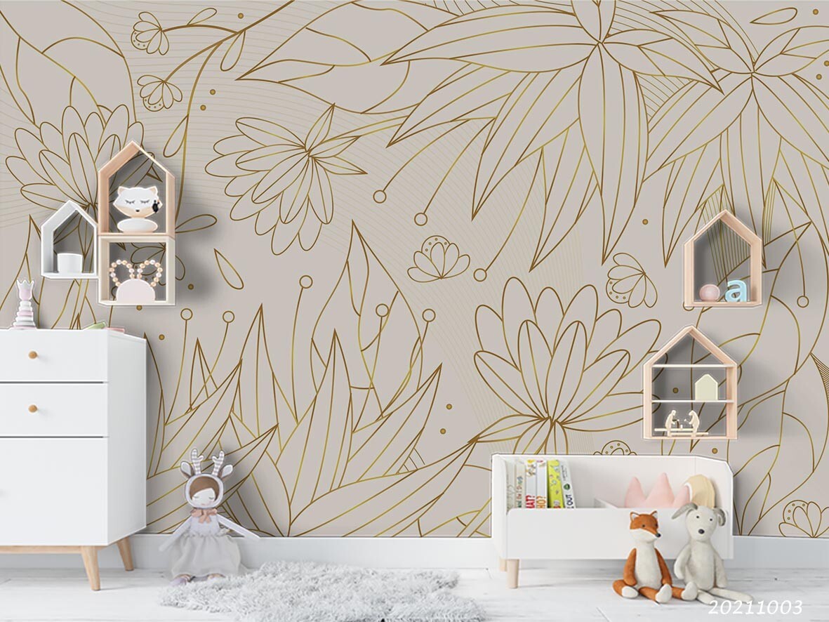 3D Hand Drawn Gold Floral Wall Murals Wallpaper Murals Wall Sticker