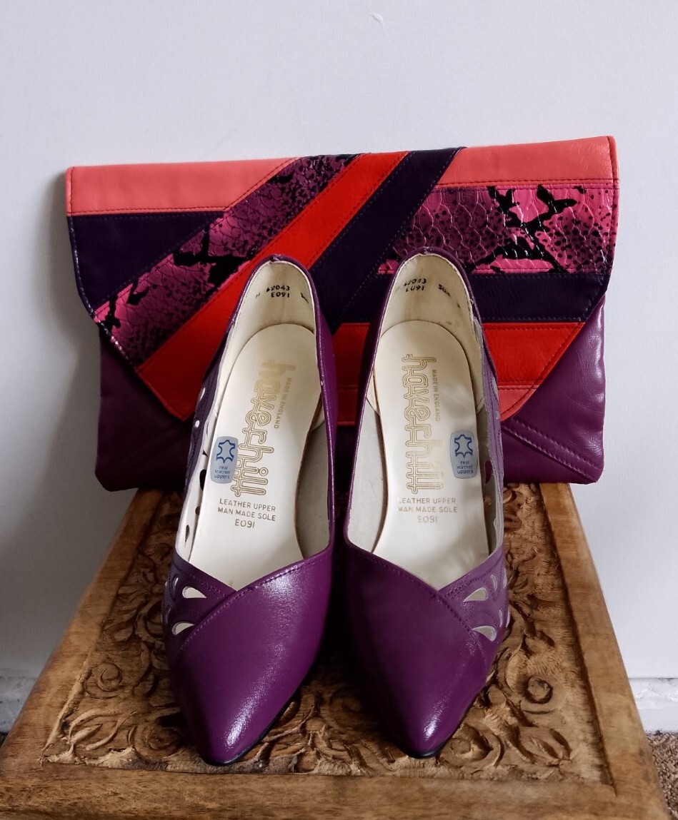 Haverhill 1980,s Purple Leather Shoes New Look Matching Clutch