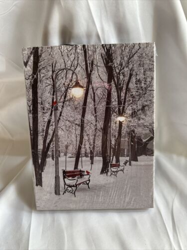 Lighted Canvas Sign Snow Trees Cardinals Lamp Posts Park Benches 6x 8 New - Picture 1 of 6