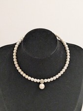 White Faux Pearl Beaded Pendant Choker Necklace. Rhinestones. 10". 2" Ext. Small