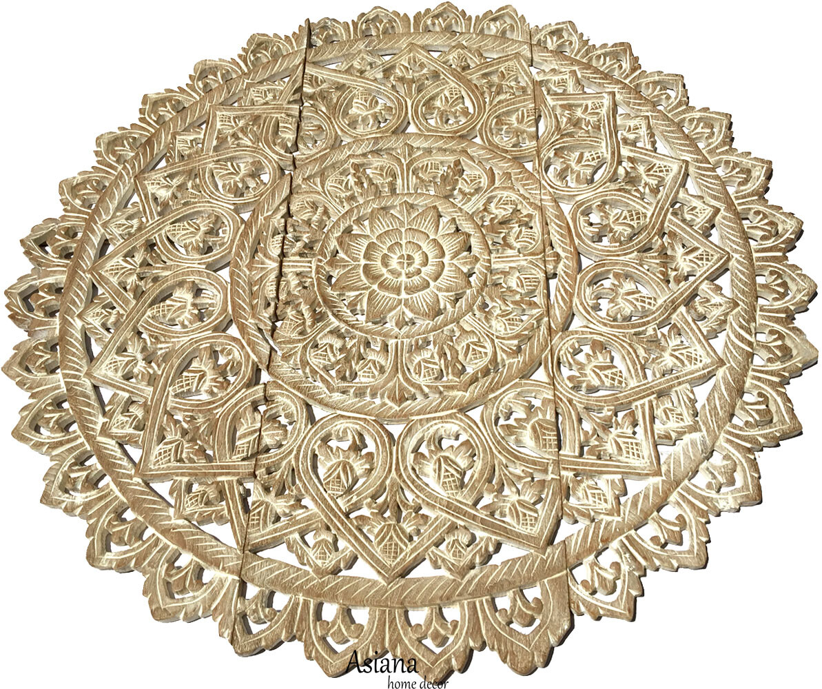 Large Round Lotus Carved Wood Floral Wall Art Panel. Wood Wall Home
