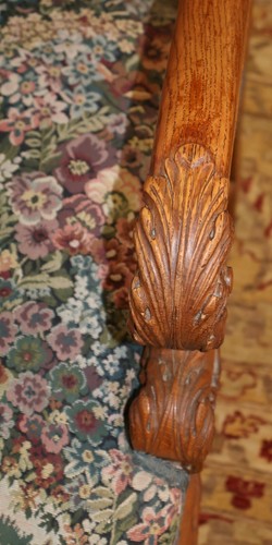 19th Century Tiger Oak Renaissance Revival Needlepoint Throne Office Arm Chair - Picture 9 of 13