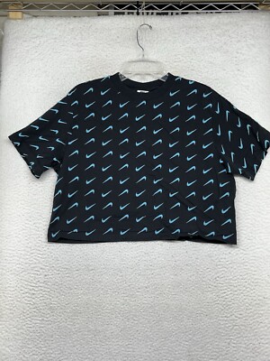 Nike Sportswear Icon Clash Shirt Womens Medium Black AOP Crop Oversized 