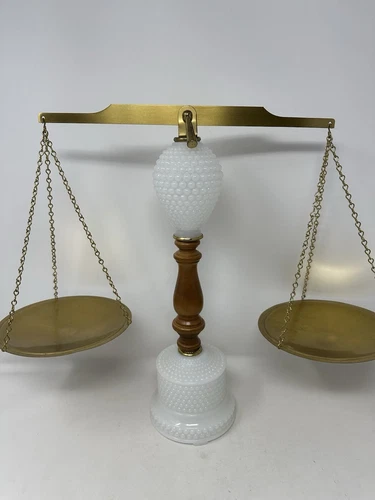 Vintage MCM Brass Hobnail Milk Glass Scales Of Justice