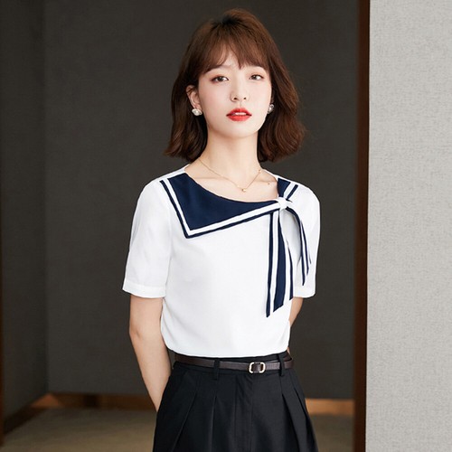 Ladies Chiffon Asymmetric Sailor Collar Top Shirt Short Sleeve T-shirt White - Picture 7 of 14