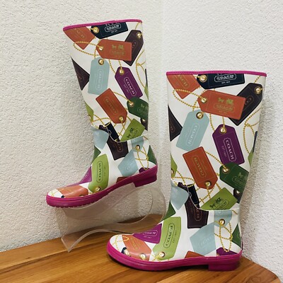 COACH F2460 Pammie Hang Tags Printed Colorful Fun Rain Boots