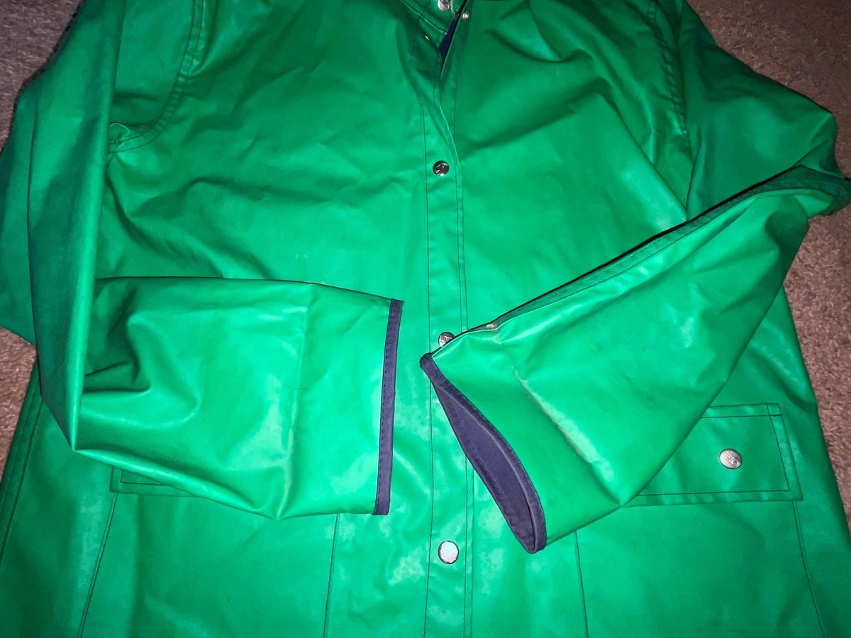 VTG 80S MENS LARGE GREEN BLUE PVC REVERSIBLE HOODED BUTTON