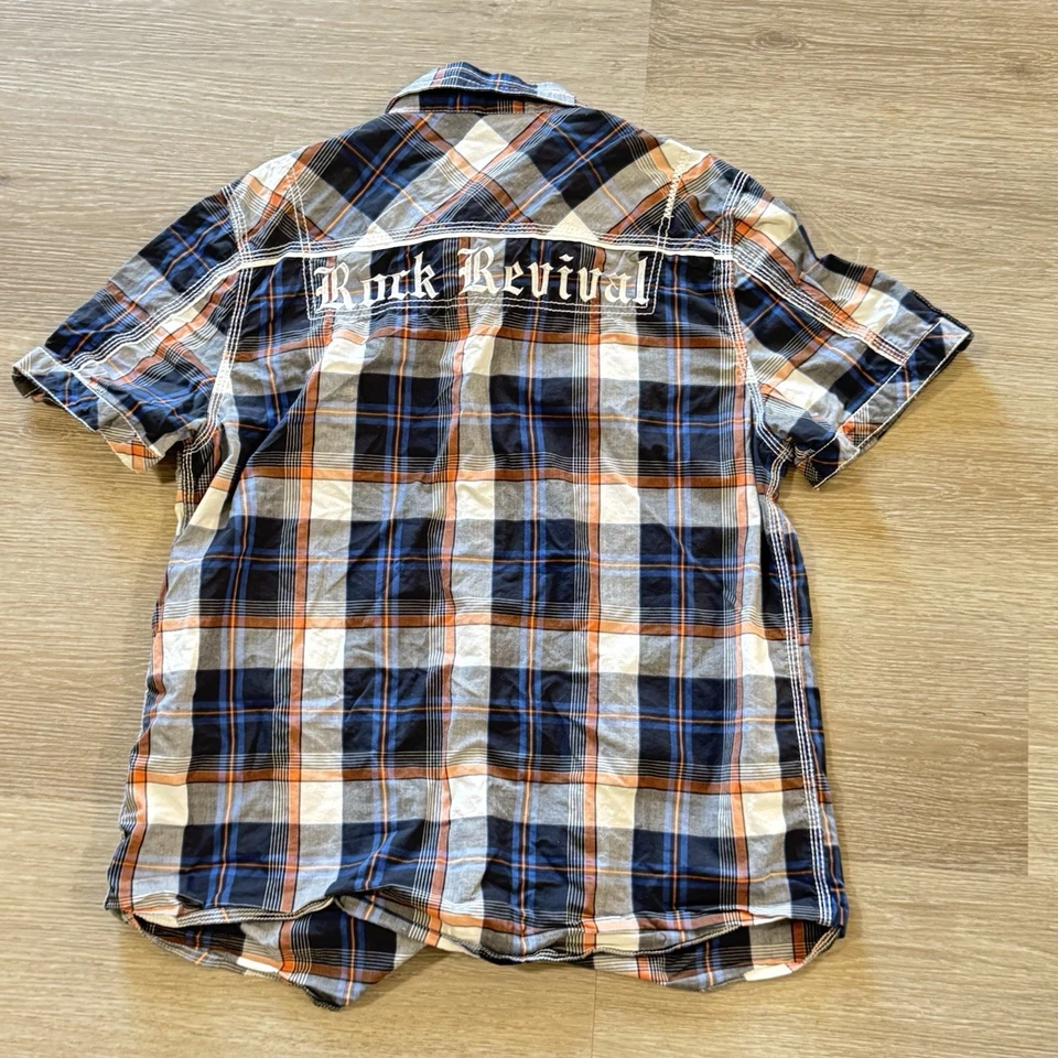 Camisa Rock Revival a Cuadros Bordados Bolsillos Manga Corta Abotonada Para Hombre Talla L Foto 4 de 4