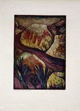 Fekete, Talaufwärts. [1968]. [Signierter Original-Farbholzschnitt].