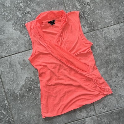 Theory Faux Wrap Draped Top Stretch Cotton Coral Neon Orange Resort sz P Small