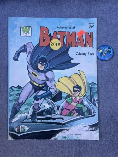 UNUSED NEW 1966 Adventure of Batman Coloring Book & 1982 Bat Signal Pin Vintage