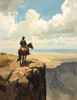 Western Cowboy Oil Painting Print Horse Desert Wall Art Rustic Ranch Decor