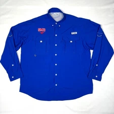 SMU Mustangs Blue Columbia PFG  Caped/Vented Long Sleeve Button Shirt Mens Med