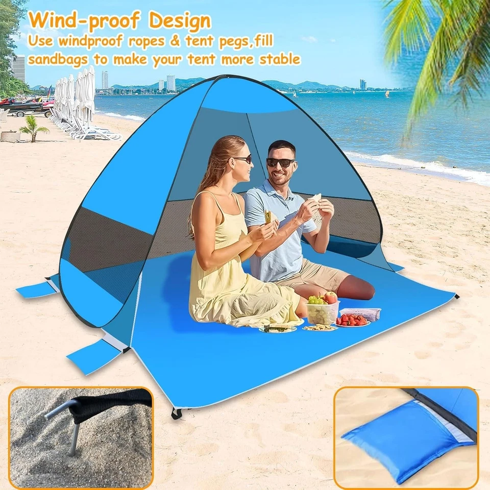 Tienda de playa emergente para 1-3 personas fácil de configurar refugio solar protección UV parasol automático Foto 3 de 4