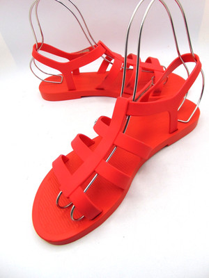 MELISSA Red Jelly Flat Ankle Strap Silver Logo Sandals Size 10