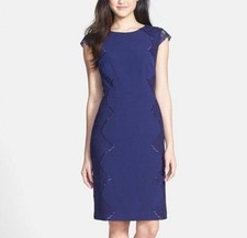 Adrianna Papell Dress Blue 8 Short Lace Trim Sleeve Stretch Sheath Career Church