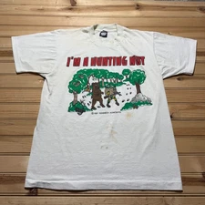 Vintage 1991 Hunting Nut Hunter Bear Forest Cartoon Funny T-Shirt USA Made Large