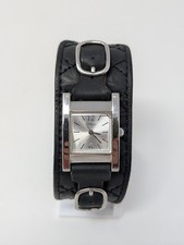 Guess Tank Watch Women 22mm Silver Tone Black Leather Cuff Band New Battery