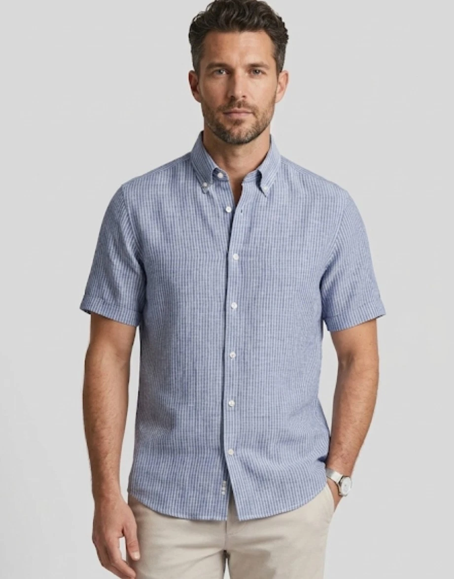 Multimillion Shirt Men XL Blue Striped Short Sleeve Button Down Beach Linen 183