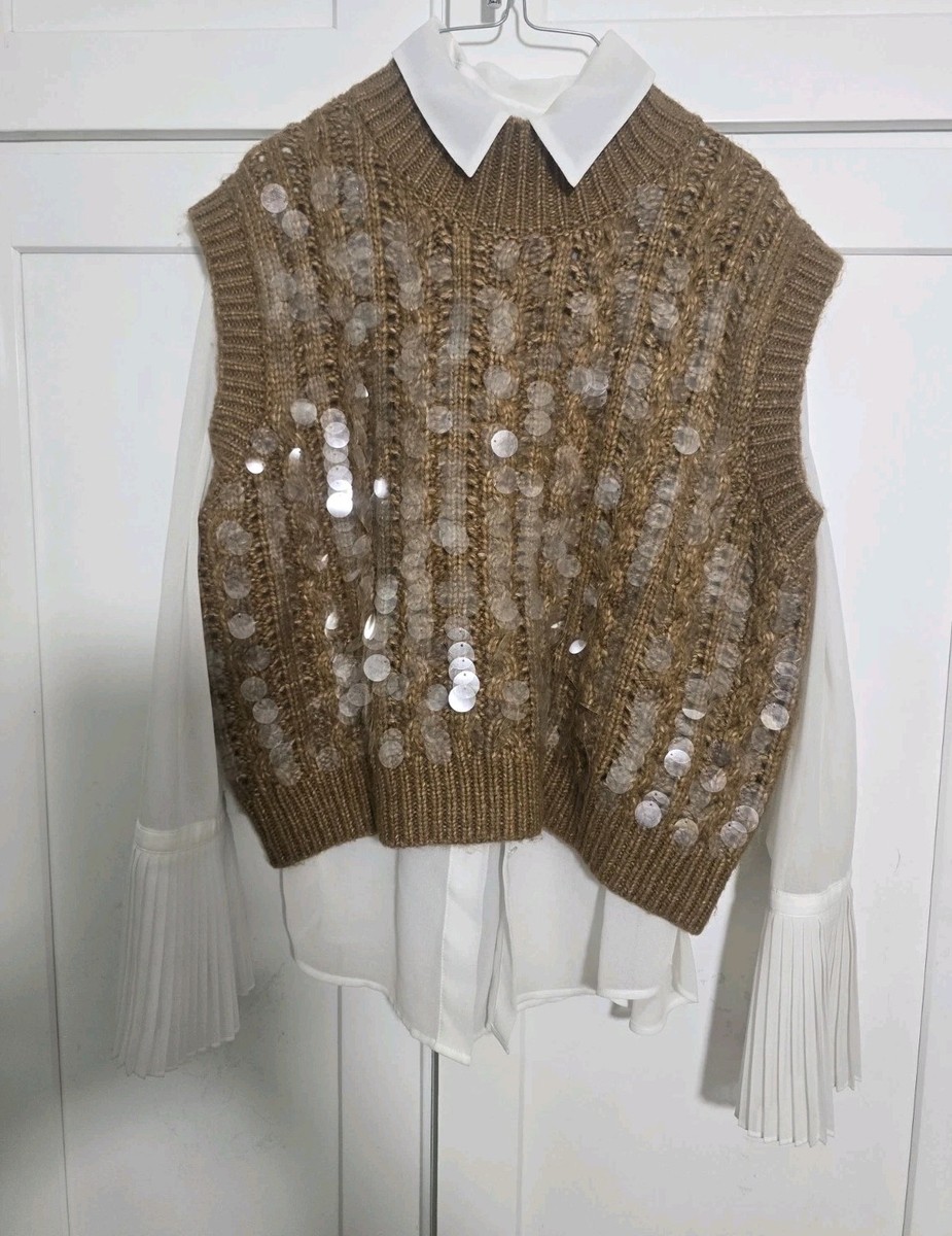 NWT ZARA Knit Sequin Collared Sweater Vest Caramel Size M | eBay