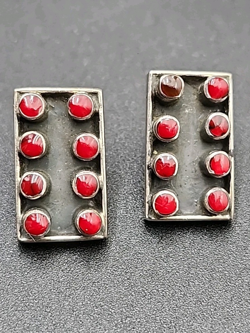 16 Garnet 925 Marked Silver Rectangular Grid Post… - image 1