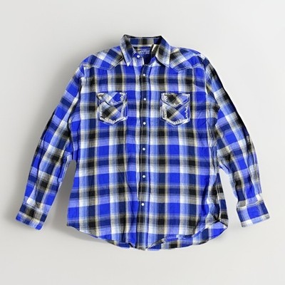 Ely Cattleman Shirt Mens L Blue Plaid Western Pearl Snap Cowboy Rodeo Rancher