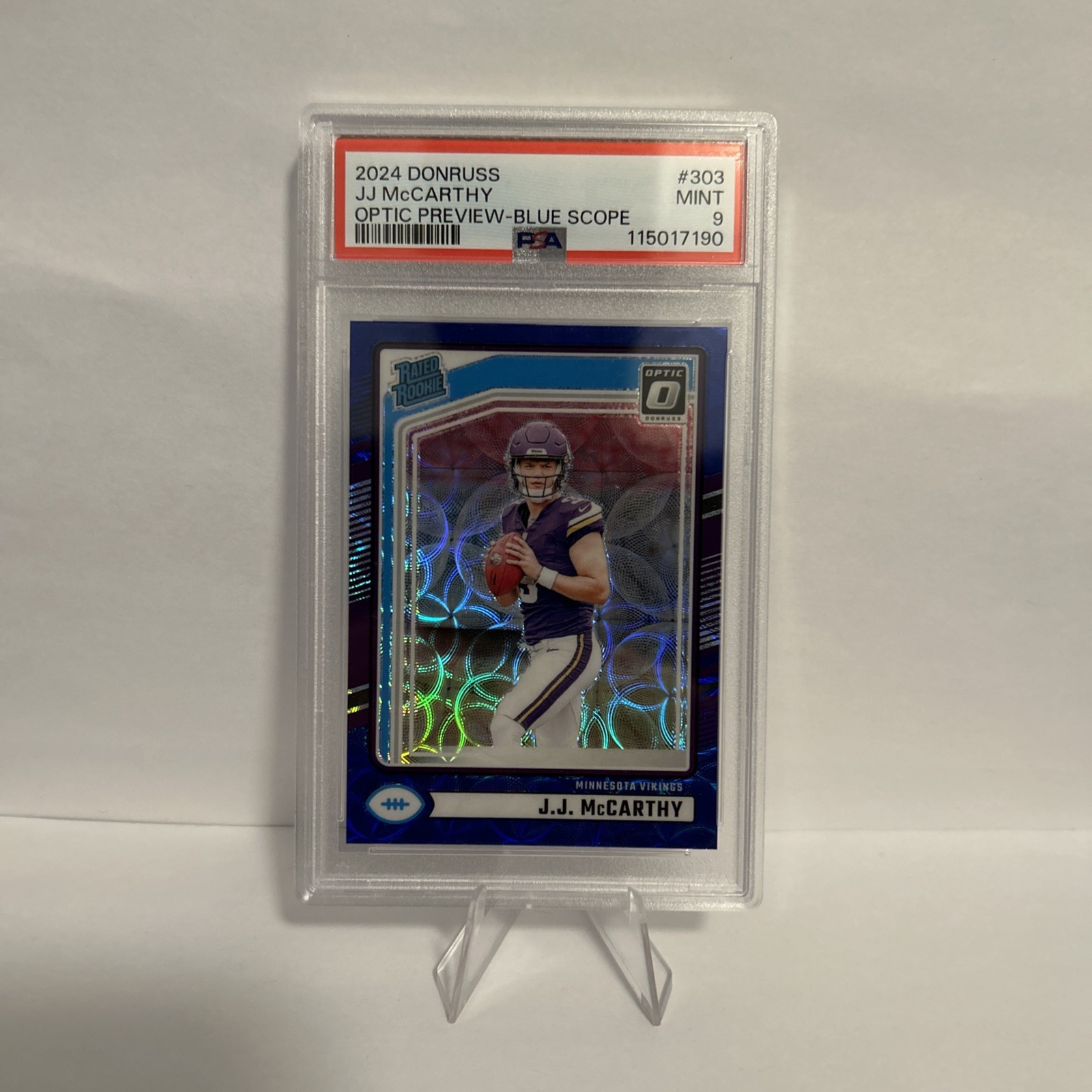 2024 PANINI DONRUSS OPTIC PREVIEW-BLUE SCOPE #303 JJ MCCARTHY ROOKIE RC PSA 9