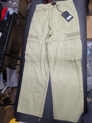 Pleasures Sinful Baggy Cargo Work Pants Size 28 Olive Cream Collor
