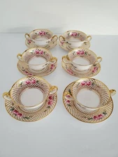 6 Antique COPELAND SPODE Bouillon Cups & Saucers PINK ROSES Gold Trim