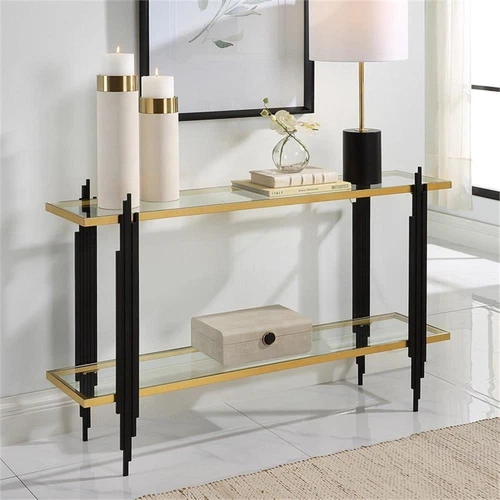 Uttermost Empire Contemporary Iron Metal/Glass Console Table in Gold/Clear - Picture 2 of 6