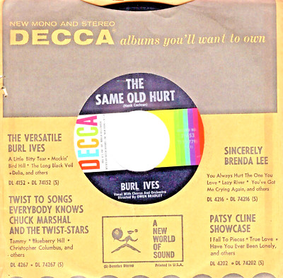 Burl Ives:  The Same Old Hurt / Curry Road ..45 RPM -2869